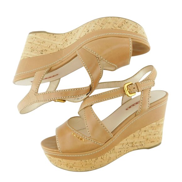 PRADA Logo Tan Brown Leather Crisscross Cork Wedge Sling Heel Sandals 37 - Picture 5 of 11